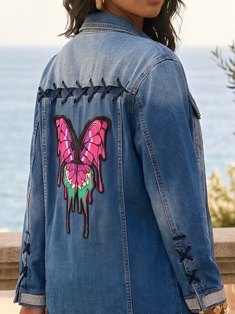 Diverso 1X Denim Jacket in Washed Blue with Rhinestone Detailing…